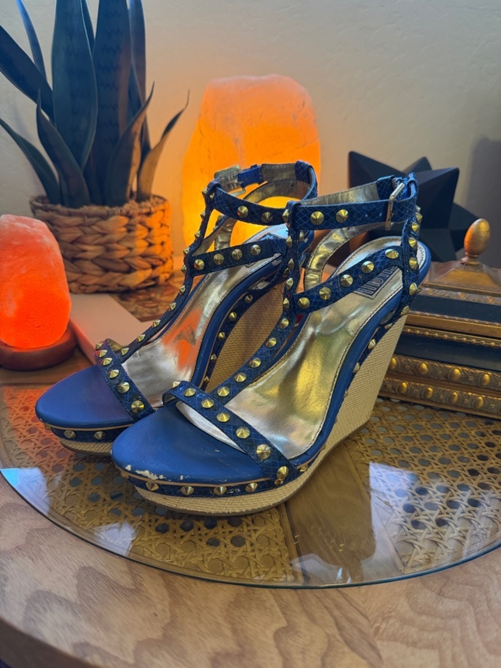 Studded Blue Wedge Sandals with Ankle Straps - Women's Wedges